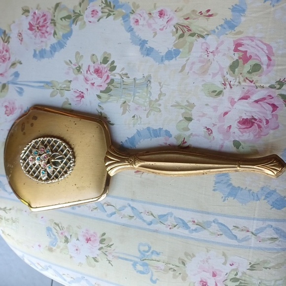 Vintage Floral White Back Gold Tone Handheld Mirror, glass is missing - Picture 1 of 5